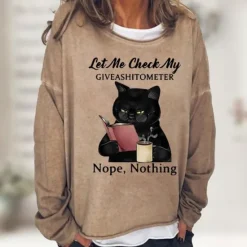 Discount Women's Shirt Cat Print Casual Sports Basic Long Sleeve Round Neck Black Fall & Winter Comfrt Breathable Soft Fabric Women Hoodies & Sweatshirts
