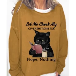 Discount Women's Shirt Cat Print Casual Sports Basic Long Sleeve Round Neck Black Fall & Winter Comfrt Breathable Soft Fabric Women Hoodies & Sweatshirts