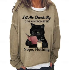 Discount Women's Shirt Cat Print Casual Sports Basic Long Sleeve Round Neck Black Fall & Winter Comfrt Breathable Soft Fabric Women Hoodies & Sweatshirts