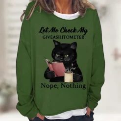 Discount Women's Shirt Cat Print Casual Sports Basic Long Sleeve Round Neck Black Fall & Winter Comfrt Breathable Soft Fabric Women Hoodies & Sweatshirts