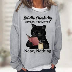 Discount Women's Shirt Cat Print Casual Sports Basic Long Sleeve Round Neck Black Fall & Winter Comfrt Breathable Soft Fabric Women Hoodies & Sweatshirts