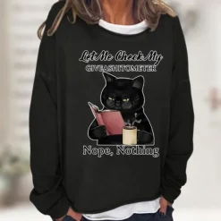 Discount Women's Shirt Cat Print Casual Sports Basic Long Sleeve Round Neck Black Fall & Winter Comfrt Breathable Soft Fabric Women Hoodies & Sweatshirts