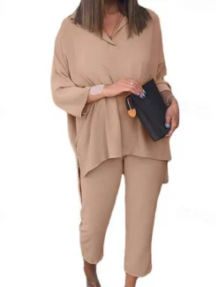 Women's Shirt Chinos Long Sleeve Solid Color Spring & Fall Regular Fit Women Two Piece Sets