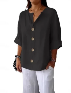 Women's Shirt Cotton Linen Shirts Button Up Blouse Solid Color Basic Casual 3/4 Length Sleeve V Neck Regular Tops Daily Buttons Black White Red Khaki Summer Women Shirts|Blouses & Shirts