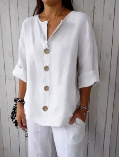 Women's Shirt Cotton Linen Shirts Button Up Blouse Solid Color Basic Casual 3/4 Length Sleeve V Neck Regular Tops Daily Buttons Black White Red Khaki Summer Women Shirts|Blouses & Shirts
