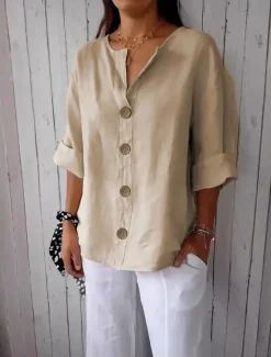 Women's Shirt Cotton Linen Shirts Button Up Blouse Solid Color Basic Casual 3/4 Length Sleeve V Neck Regular Tops Daily Buttons Black White Red Khaki Summer Women Shirts|Blouses & Shirts