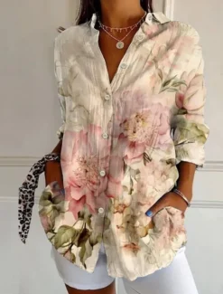 Hot Women's Shirt Cotton Linen Shirts Button Up Blouse Floral Geometric Basic Casual Long Sleeve Shirt Collar Regular Tops Daily Buttons Print White Army Green Red Khaki Gray Fall Winter Women Shirts|Blouses & Shirts