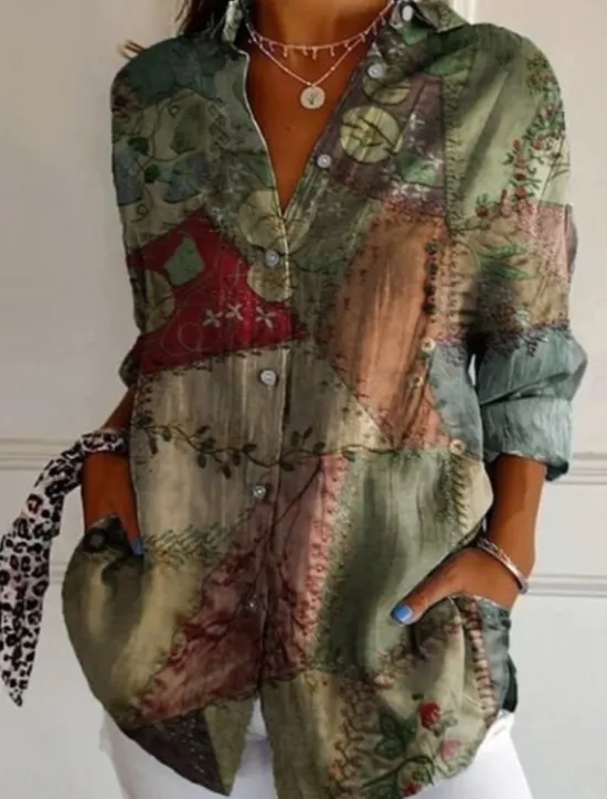 Hot Women's Shirt Cotton Linen Shirts Button Up Blouse Floral Geometric Basic Casual Long Sleeve Shirt Collar Regular Tops Daily Buttons Print White Army Green Red Khaki Gray Fall Winter Women Shirts|Blouses & Shirts