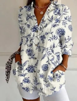 Hot Women's Shirt Cotton Linen Shirts Button Up Blouse Floral Geometric Basic Casual Long Sleeve Shirt Collar Regular Tops Daily Buttons Print White Army Green Red Khaki Gray Fall Winter Women Shirts|Blouses & Shirts