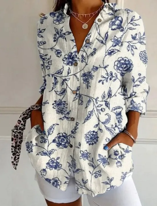 Hot Women's Shirt Cotton Linen Shirts Button Up Blouse Floral Geometric Basic Casual Long Sleeve Shirt Collar Regular Tops Daily Buttons Print White Army Green Red Khaki Gray Fall Winter Women Shirts|Blouses & Shirts