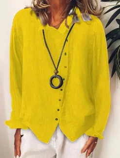 Discount Women's Shirt Cotton Linen Shirts Linen Shirt Button Up Plain Daily Stylish Basic Long Sleeve Shirt Collar Regular Tops Work Daily Holiday Buttons White Yellow Green Spring Fall Women Shirts