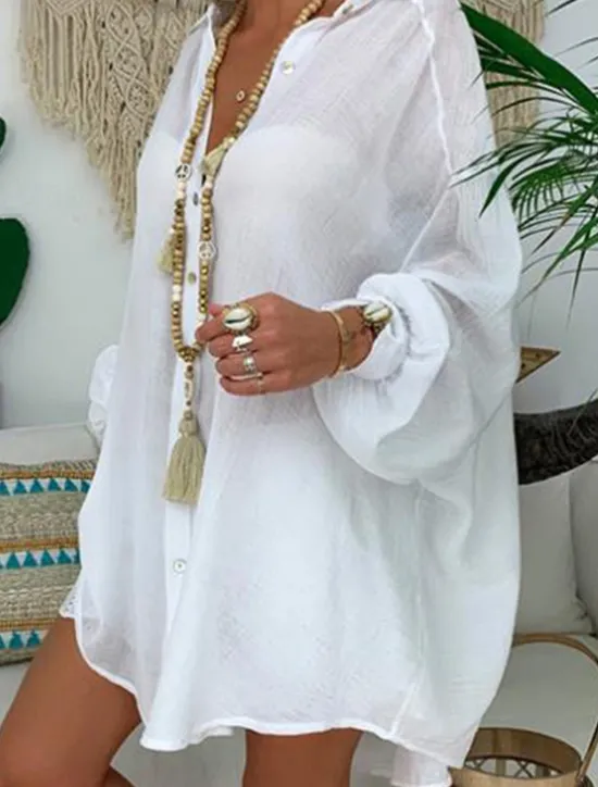 New Women's Shirt Cotton Linen Shirts Button Up Blouse Solid Color Basic Casual Long Sleeve Polo Collar Long Tops Daily Buttons Black White Blue Gray Summer Women Shirts