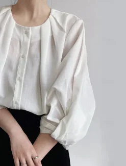 Sale Women's Shirt Cotton Linen Shirt Daily Ladies Long Sleeve Lantern Sleeve Crew Neck White Green Gray Spring & Fall Women Shirts