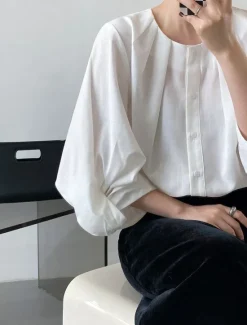 Sale Women's Shirt Cotton Linen Shirt Daily Ladies Long Sleeve Lantern Sleeve Crew Neck White Green Gray Spring & Fall Women Shirts