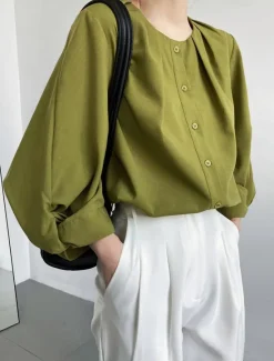 Sale Women's Shirt Cotton Linen Shirt Daily Ladies Long Sleeve Lantern Sleeve Crew Neck White Green Gray Spring & Fall Women Shirts
