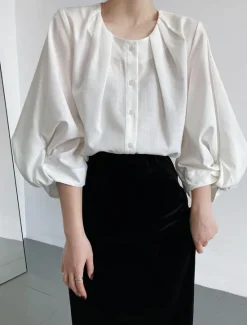 Sale Women's Shirt Cotton Linen Shirt Daily Ladies Long Sleeve Lantern Sleeve Crew Neck White Green Gray Spring & Fall Women Shirts