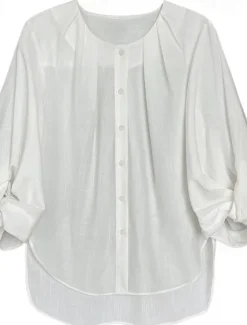 Sale Women's Shirt Cotton Linen Shirt Daily Ladies Long Sleeve Lantern Sleeve Crew Neck White Green Gray Spring & Fall Women Shirts