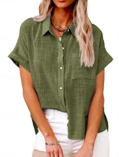 Discount Women's Shirt Cotton Linen Shirts Button Up Blouse Solid Color Basic Casual Short Sleeve Shirt Collar Regular Tops Daily Buttons Pocket Wine Army Green Summer Women Shirts