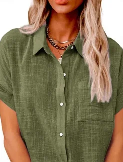 Discount Women's Shirt Cotton Linen Shirts Button Up Blouse Solid Color Basic Casual Short Sleeve Shirt Collar Regular Tops Daily Buttons Pocket Wine Army Green Summer Women Shirts