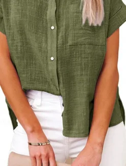 Discount Women's Shirt Cotton Linen Shirts Button Up Blouse Solid Color Basic Casual Short Sleeve Shirt Collar Regular Tops Daily Buttons Pocket Wine Army Green Summer Women Shirts