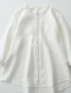 Best Women's Shirt Cotton Linen Shirts Button Up Blouse Solid Color Basic Casual 3/4 Length Sleeve Turtleneck Regular Tops Daily Buttons White Beige Light Blue Fall Winter Women Shirts