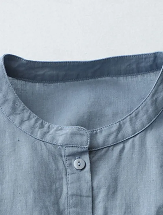 Best Women's Shirt Cotton Linen Shirts Button Up Blouse Solid Color Basic Casual 3/4 Length Sleeve Turtleneck Regular Tops Daily Buttons White Beige Light Blue Fall Winter Women Shirts