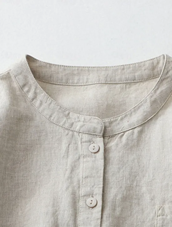 Best Women's Shirt Cotton Linen Shirts Button Up Blouse Solid Color Basic Casual 3/4 Length Sleeve Turtleneck Regular Tops Daily Buttons White Beige Light Blue Fall Winter Women Shirts