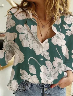 Clearance Women's Shirt Cotton Linen Shirts Button Up Blouse Floral Casual Long Sleeve Shirt Collar Regular Tops Vacation Daily Buttons Print Black Blue Green Spring & Summer Women Shirts