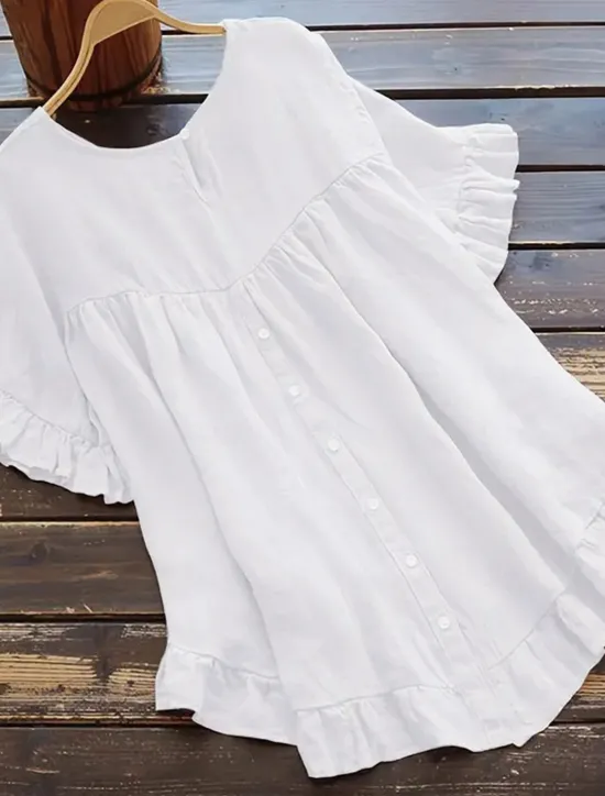New Women's Shirt Cotton Linen Shirts Button Up Blouse Plain Fashion Round Neck Street Daily Ruffle Black White Yellow Blue Summer Women Shirts