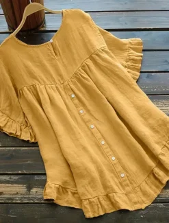 New Women's Shirt Cotton Linen Shirts Button Up Blouse Plain Fashion Round Neck Street Daily Ruffle Black White Yellow Blue Summer Women Shirts
