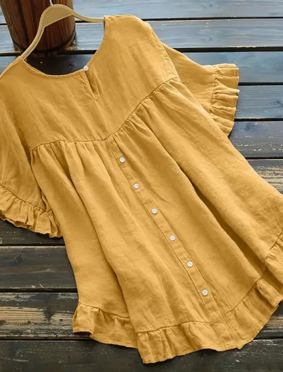 New Women's Shirt Cotton Linen Shirts Button Up Blouse Plain Fashion Round Neck Street Daily Ruffle Black White Yellow Blue Summer Women Shirts