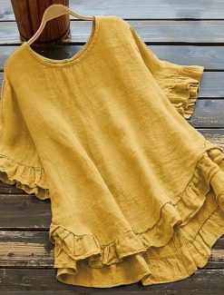 New Women's Shirt Cotton Linen Shirts Button Up Blouse Plain Fashion Round Neck Street Daily Ruffle Black White Yellow Blue Summer Women Shirts