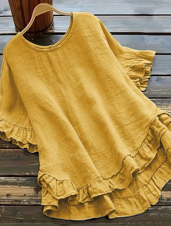 New Women's Shirt Cotton Linen Shirts Button Up Blouse Plain Fashion Round Neck Street Daily Ruffle Black White Yellow Blue Summer Women Shirts