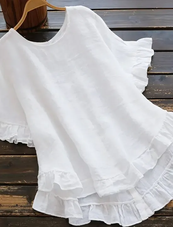 New Women's Shirt Cotton Linen Shirts Button Up Blouse Plain Fashion Round Neck Street Daily Ruffle Black White Yellow Blue Summer Women Shirts