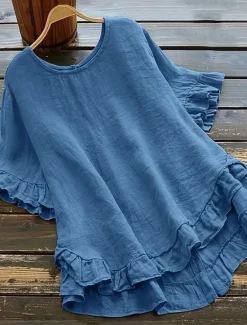 New Women's Shirt Cotton Linen Shirts Button Up Blouse Plain Fashion Round Neck Street Daily Ruffle Black White Yellow Blue Summer Women Shirts
