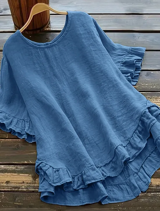 New Women's Shirt Cotton Linen Shirts Button Up Blouse Plain Fashion Round Neck Street Daily Ruffle Black White Yellow Blue Summer Women Shirts