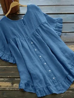New Women's Shirt Cotton Linen Shirts Button Up Blouse Plain Fashion Round Neck Street Daily Ruffle Black White Yellow Blue Summer Women Shirts