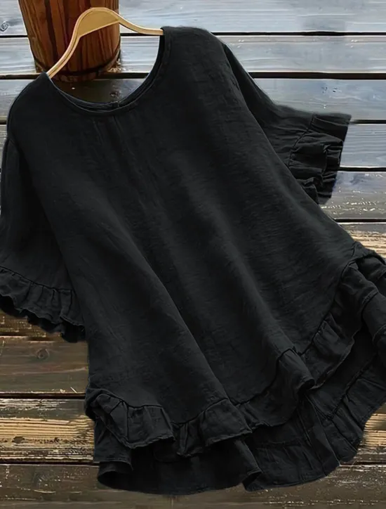 New Women's Shirt Cotton Linen Shirts Button Up Blouse Plain Fashion Round Neck Street Daily Ruffle Black White Yellow Blue Summer Women Shirts