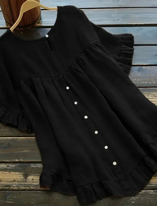New Women's Shirt Cotton Linen Shirts Button Up Blouse Plain Fashion Round Neck Street Daily Ruffle Black White Yellow Blue Summer Women Shirts