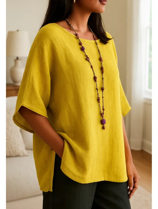 Outlet Women's Shirt Cotton Linen Shirt Plain Daily Stylish Basic 3/4 Length Sleeve Crew Neck Regular Tops Work Daily Holiday Yellow Pink Spring Fall Women Shirts
