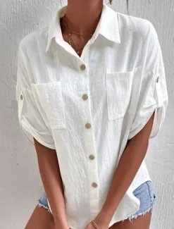 Hot Women's Shirt Cotton Linen Shirts Button Up Blouse Plain Fashion Shirt Collar Street Daily Buttons Pocket Black White Gray Summer Women Shirts