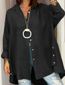 Hot Women's Shirt Cotton Linen Shirts Button Up Blouse Plain Stylish Casual Long Sleeve Shirt Collar Regular Tops Daily Buttons Black White Pink Green Spring Fall Women Shirts
