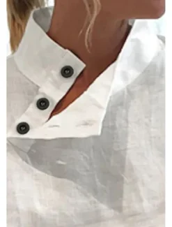 Online Women's Shirt Cotton Linen Shirts Blouse Plain Basic Modern Casual Long Sleeve High Neck Regular Tops Daily Going out Buttons Summer Women Shirts