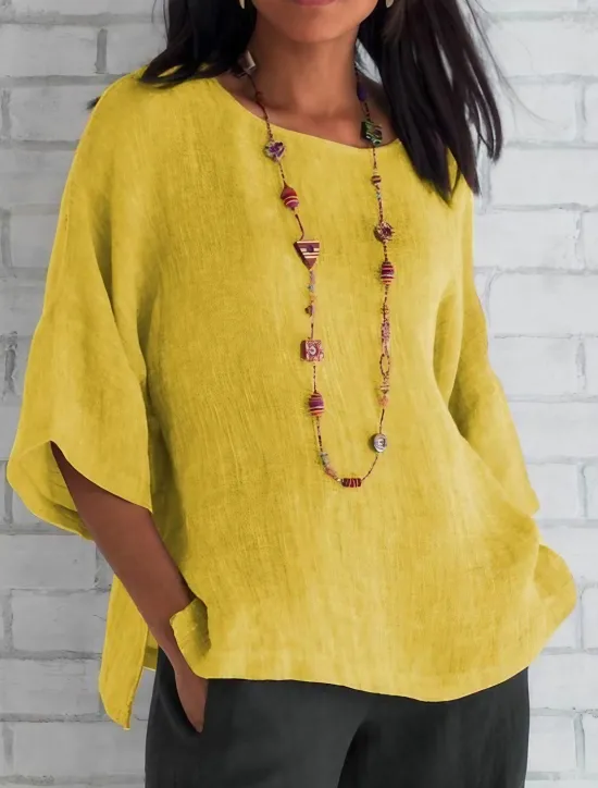 Best Women's Shirt Cotton Linen Shirts Blouse Long Cotton Top Plain Daily Basic Casual Long Sleeve Crew Neck Round Neck Regular Tops Daily Yellow Pink Blue Grey Spring Fall Women Shirts