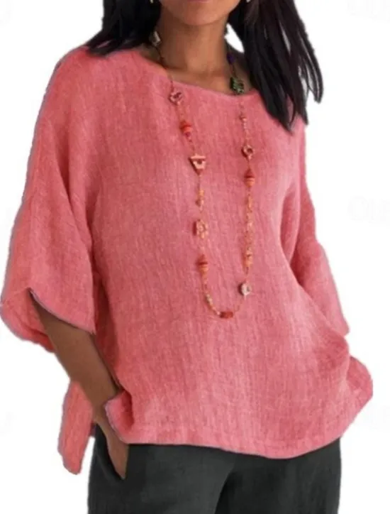 Best Women's Shirt Cotton Linen Shirts Blouse Long Cotton Top Plain Daily Basic Casual Long Sleeve Crew Neck Round Neck Regular Tops Daily Yellow Pink Blue Grey Spring Fall Women Shirts