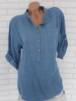 Discount Women's Shirt Cotton Linen Shirts Button Up Blouse Plain Fashion V Neck Street Daily Buttons Pocket White Red Blue Beige Summer Women Shirts