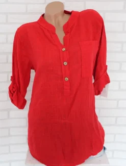 Discount Women's Shirt Cotton Linen Shirts Button Up Blouse Plain Fashion V Neck Street Daily Buttons Pocket White Red Blue Beige Summer Women Shirts