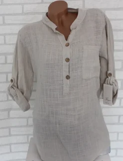 Discount Women's Shirt Cotton Linen Shirts Button Up Blouse Plain Fashion V Neck Street Daily Buttons Pocket White Red Blue Beige Summer Women Shirts