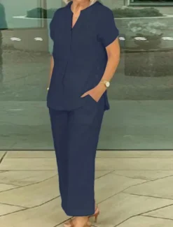 Discount Women's Shirt Cotton Linen Sets Two Piece Sets Linen Pants Short Sleeve Solid Color Navy Blue Blue Gray Summer Regular Fit Women Sets|Two Piece Sets
