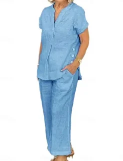 Discount Women's Shirt Cotton Linen Sets Two Piece Sets Linen Pants Short Sleeve Solid Color Navy Blue Blue Gray Summer Regular Fit Women Sets|Two Piece Sets